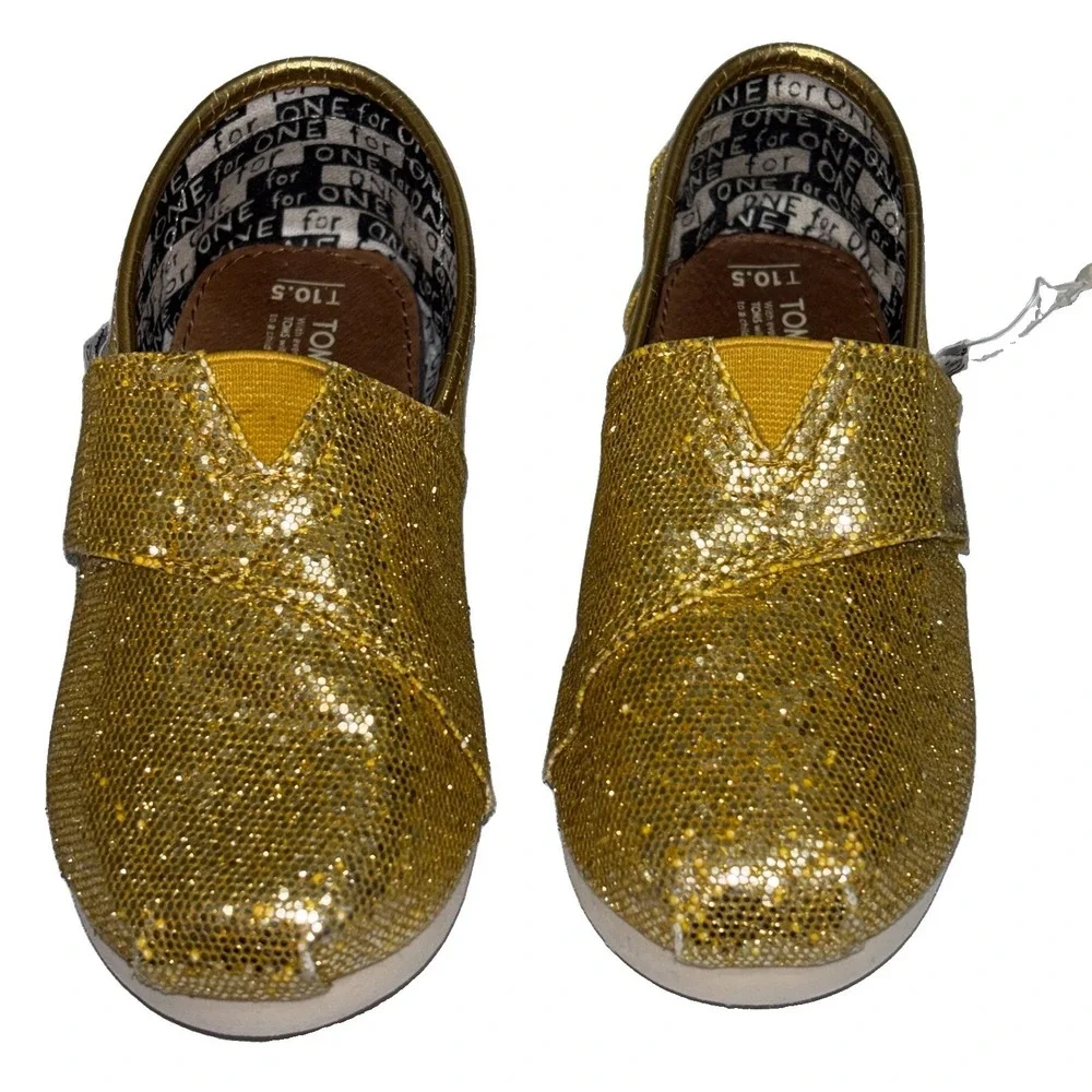TOMS Classic Kids Gold Glitter Slip On Alpargata Shoes Size 10.5 Toddler